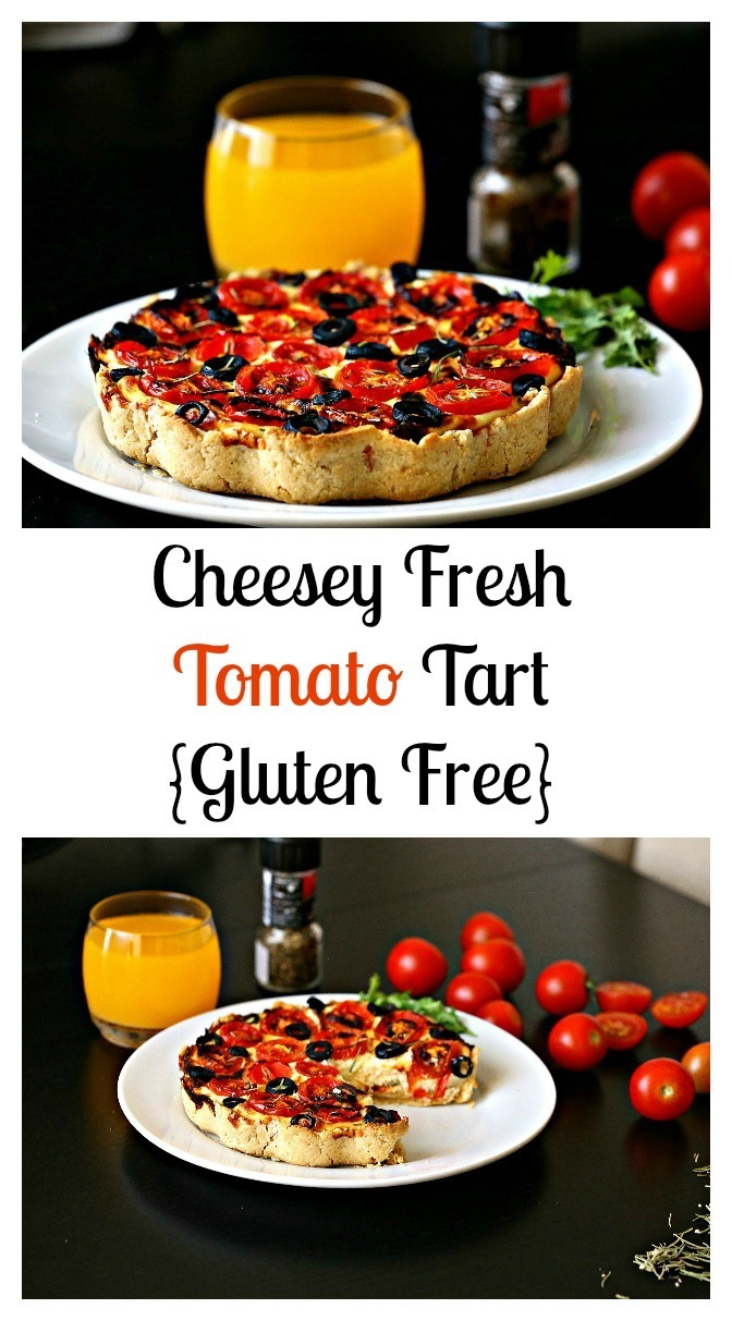 A scrumptious savory tomato tart, that is made with gluten free crust, and light filling of ricotta cheese that is sharpened with Parmesan cheese.