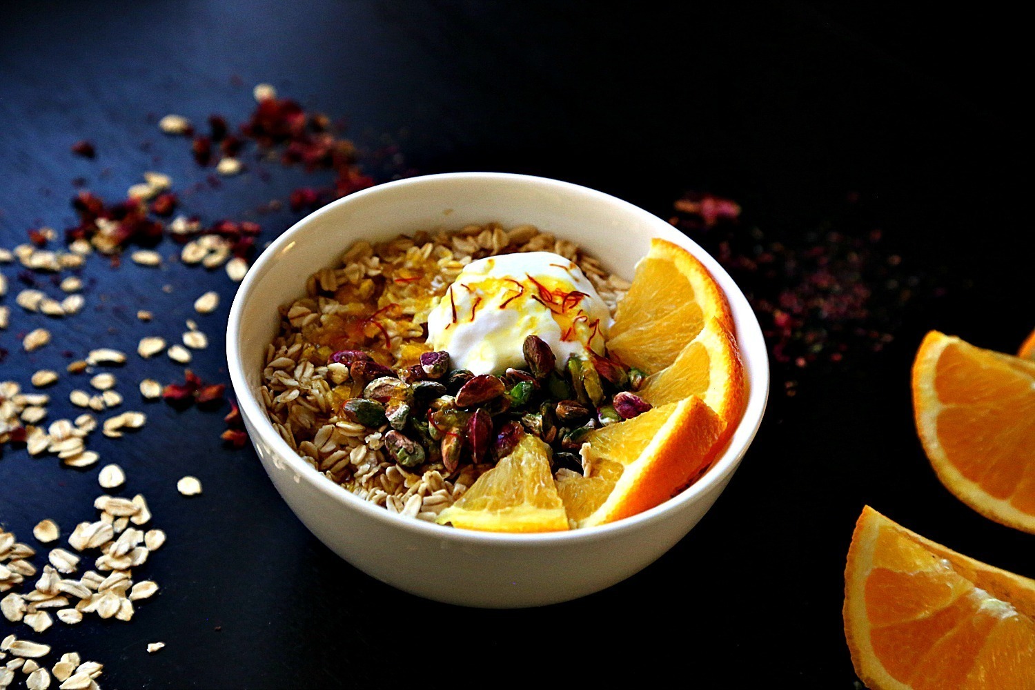 Coconut oatmeal with saffron orange syrup 