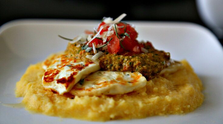 Tomato pesto with Grilled White Cheese over Polenta