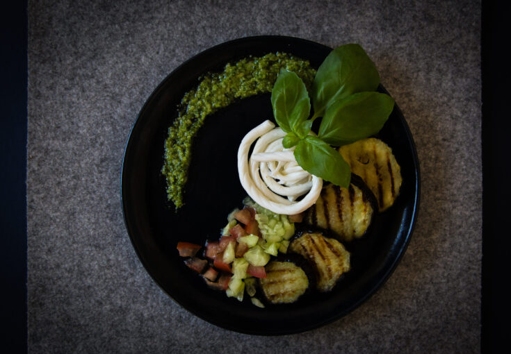 Grilled Eggplant Salad with White Cheese and Pesto