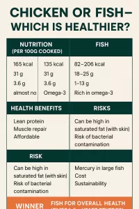 “Infographic comparing chicken vs fish nutrition, health benefits, and risks — highlights fish as the healthier option for heart and brain health, while chicken is praised as an affordable lean protein.”