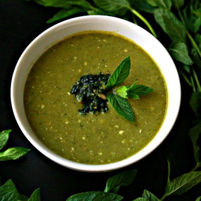 Arugula Yogurt Soup with Mint Pesto