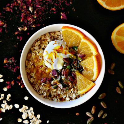 Coconut Oatmeal with Orange Saffron Syrup