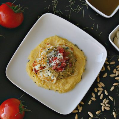 Tomato Pesto with Grilled White Cheese over Polenta