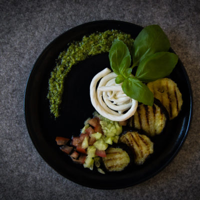 Grilled Eggplant Salad with White Cheese and Pesto